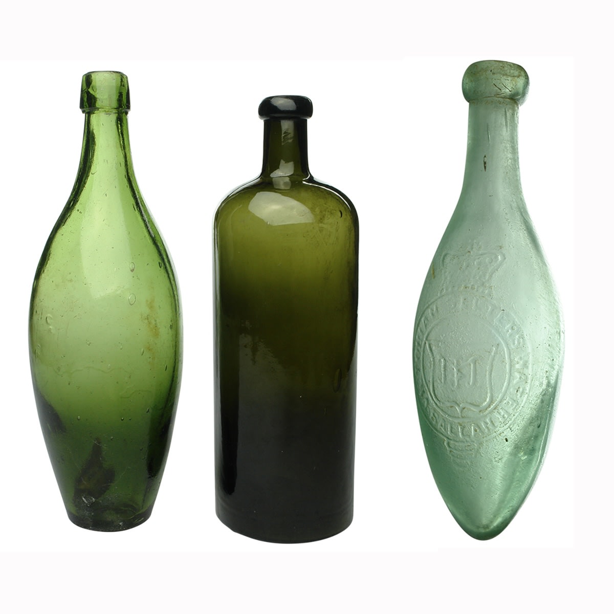 3 Bottles 1. Green skittle, 26 oz. 2. Saxlehner's Butterquelle, Hunyadi Janos, 26 oz. Victorian Selters Ballan Torpedo.