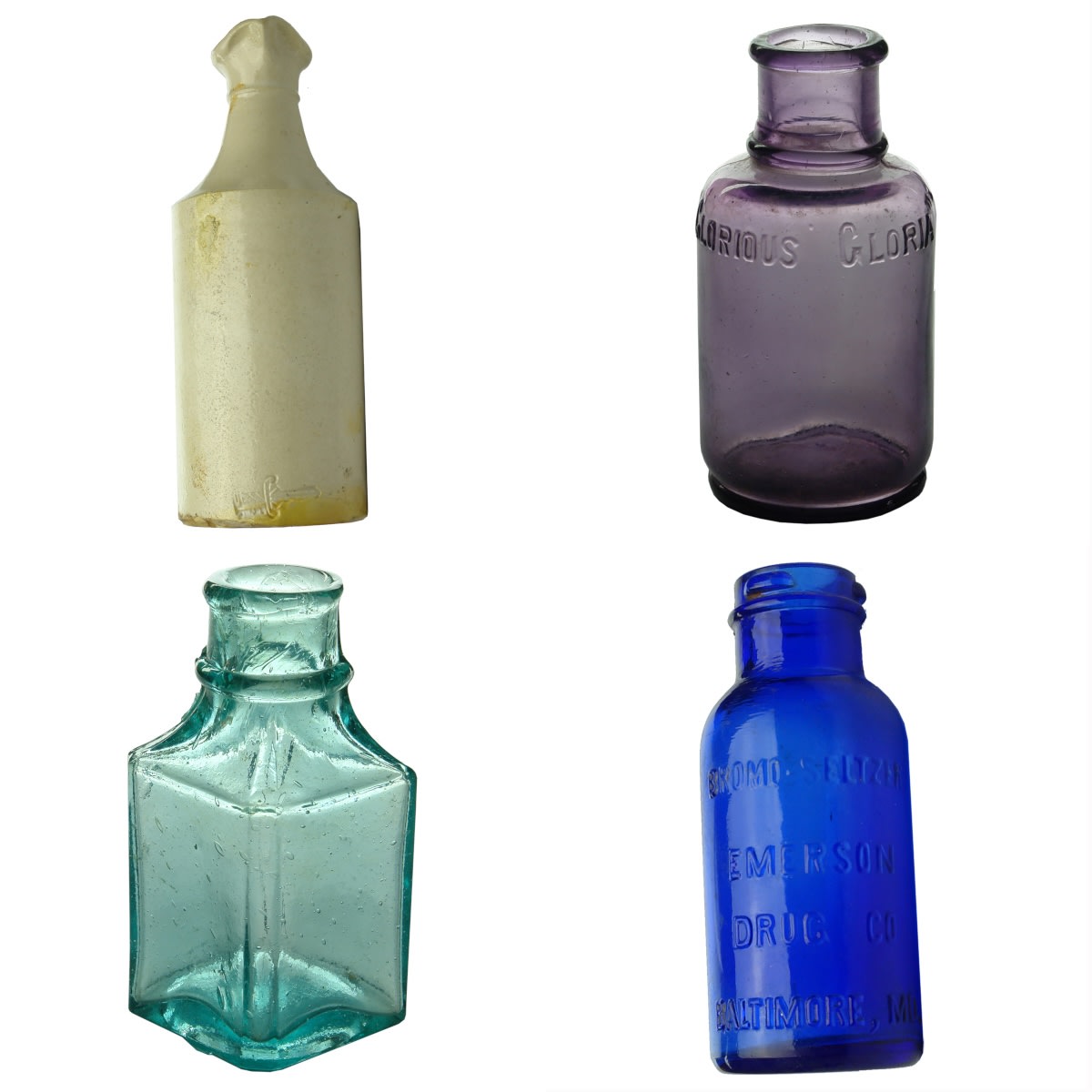 4 Bottles: Stone Ink with Sword impressed; Purple polish bottle "Glorious Gloria"; Small square ink or polish; Bromo Seltzer.