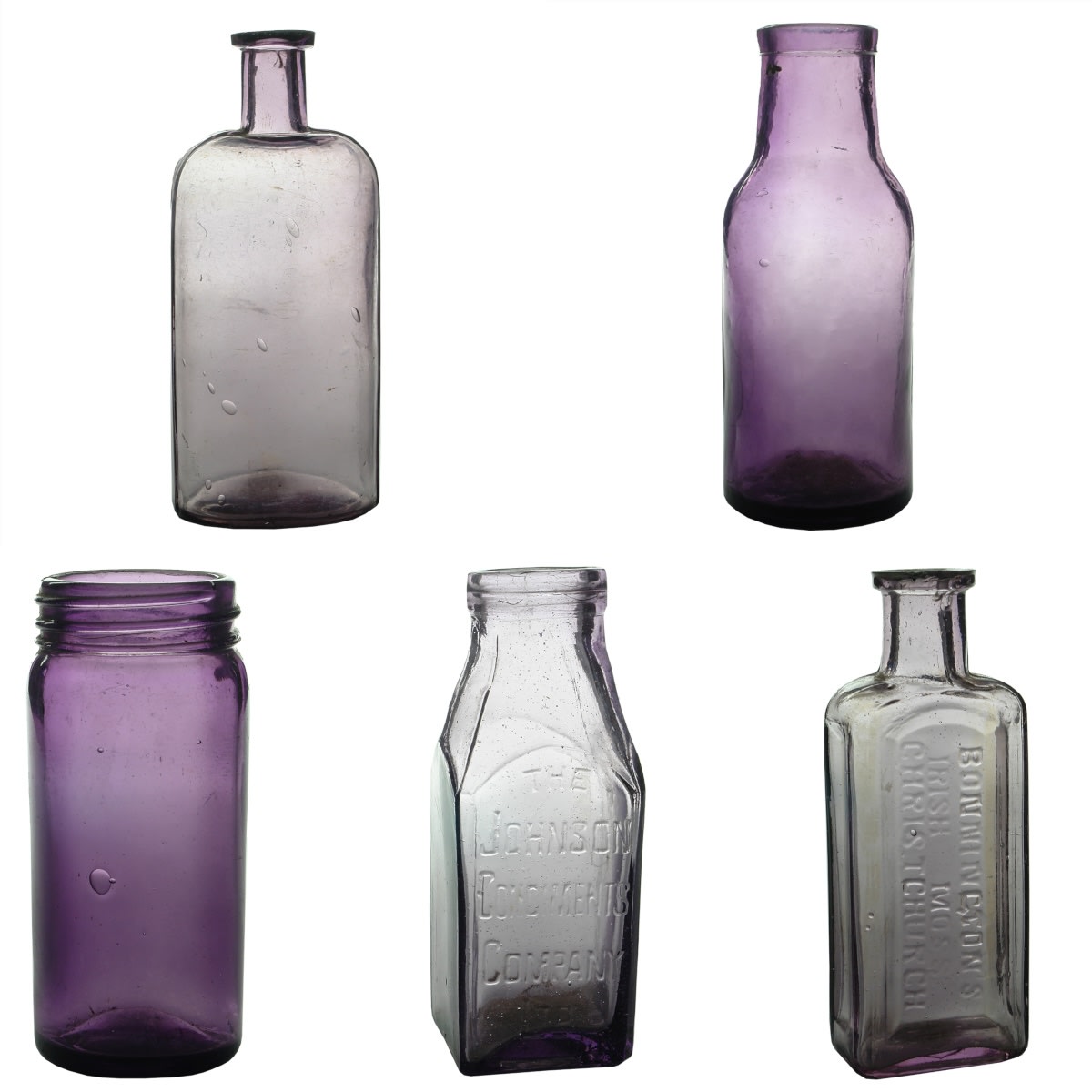 5 Sun Coloured Amethyst Bottles: Large plain medicine; Plain Pickle; Plain screw top jar; Johnson Condiments small Pickle; Bonnington's Irish Moss.
