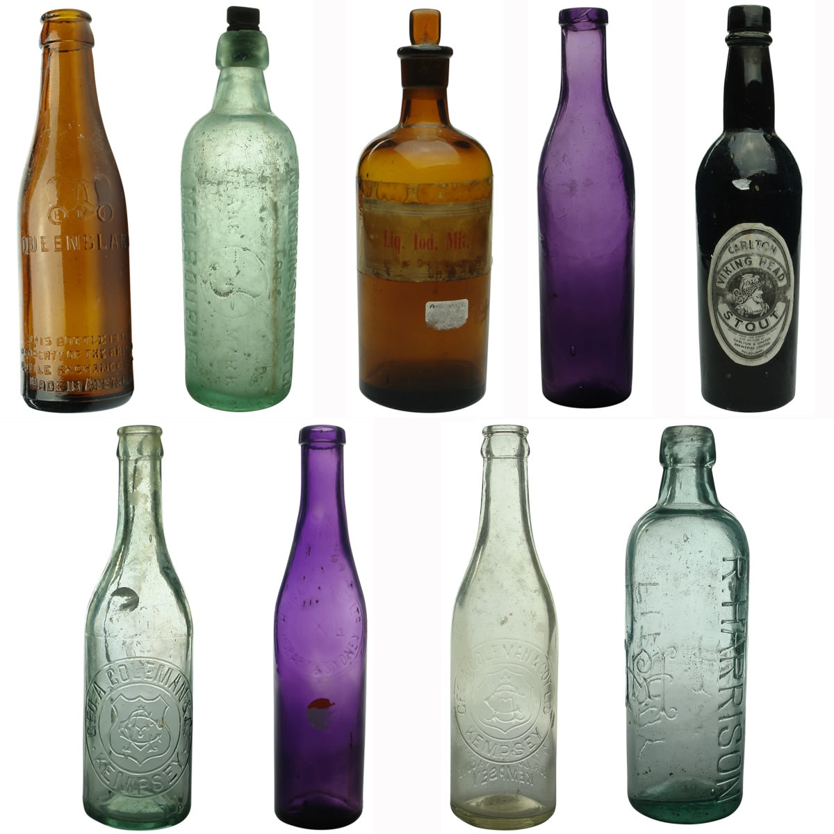 Miscellaneous: 1. Brisbane Bottle Exchange. Amber crown seal. 6 oz. 2. Frankston Springs Co., Melbourne. Dolphin. Internal Tread. Aqua. 26 oz. 3. Amber pharmacy bottle with Liq. Iod. Mit. paper label. 4. H. Jones & Co Ltd, Hobart & Sydney, IXL Sauce. Dark Amethyst. 13 oz. 5. Plain black with photocopied Carlton Viking Head Stout label. 6. Coleman, Kempsey Crown Seal. Spun top. Aqua. 10 oz. 7. H. Jones & Co Ltd, Hobart & Sydney, IXL Sauce. Dark Amethyst. 13 oz. 8. Coleman, Kempsey Crown Seal. Machine made. Clear. 10 oz. 9. R. Harrison, Fitzroy. Internal Thread. Aqua. 26 oz. (STRICTLY NOT FOR POST)