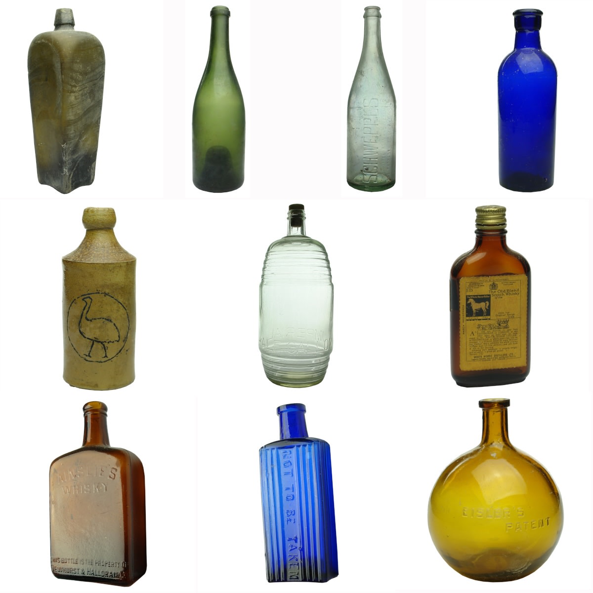 Miscellaneous. 1. Free Blown Gin. Black. 26 oz. 2. Plain ring seal beer. Green. 26 oz. 3. Schweppes. Crown Seal. Clear. 26 oz. 4. Cobalt Essence Bottle. C. S. & Co Ld. 18 oz. 5. Salt glaze ginger beer with fantasy etching for Bulmers Cider. 6. Screw top Imperial Half Gallon Clear Barrel. 7. Sample labelled White Horse Whiskey flask. Amber. 8. Ainslie's Whisky, Dewhurst & Hallowan Ltd. Amber. Quart. 9. Cobalt Rectangle Not To Be Taken Poison. 3 oz. 10. Eisler's Patent. Amber. (STRICTLY NOT FOR POST)