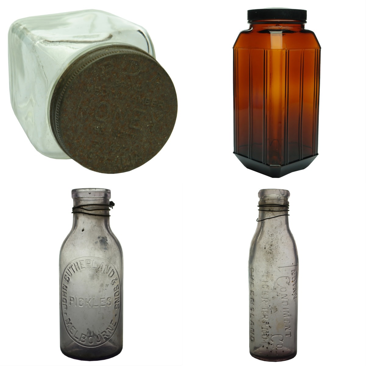 Miscellaneous. 1. Plain jar with lid marked for P. D. F. brand Honey. Clear. 1 Pound. 2. Square amber jar with bakelite lid, unmarked, but is a Bushell's jar. 3. John Sutherland & Sons Pickles, Melbourne. Amethyst. 1 Pint. 4. Indian Condiment Co, Tiger Brand, Queensland Chutney. Amethyst. 13 oz.