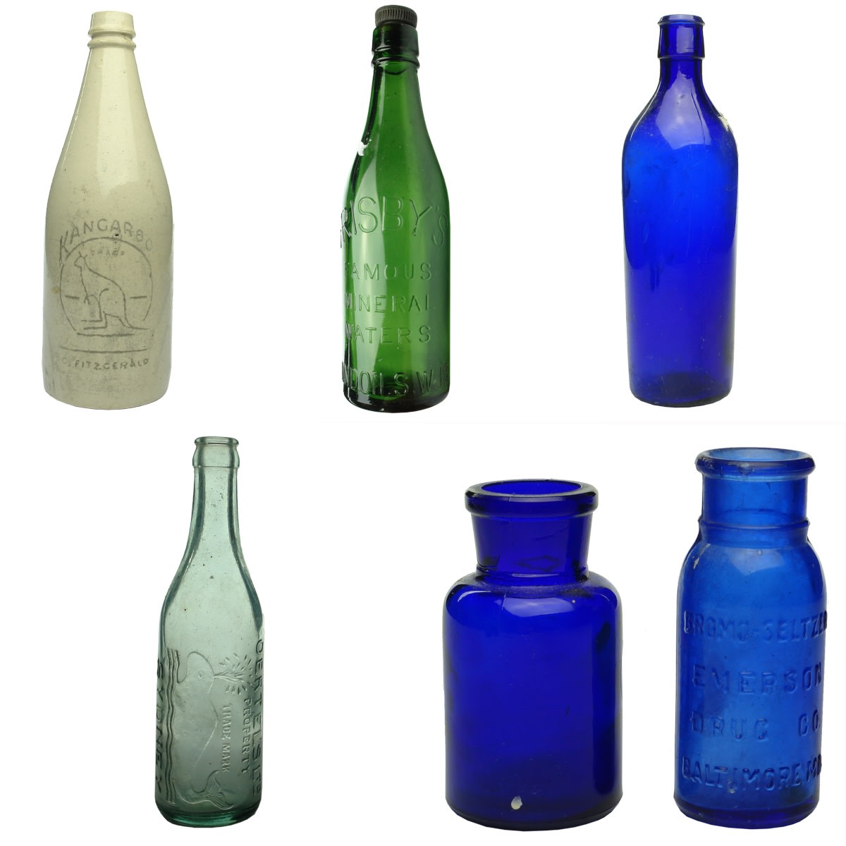 Miscellaneous: 1. Plain stout recently etched with Kangaroo, C. Fitzgerald. (Fantasy Piece). 2. Frisby's Famous Mineral Waters, London. S. W. 18. Internal Thread. Green. 13 oz. 3. Blue essence bottle. 16 oz? 4. Oertel's Ltd., Sydney, Whale. Crown Seal. Aqua. 10 oz. 5. Small plain cobalt wide mouth pharmacy bottle. 6. Bromo-Seltzer, Emerson Drug Co, Baltimore, Md.