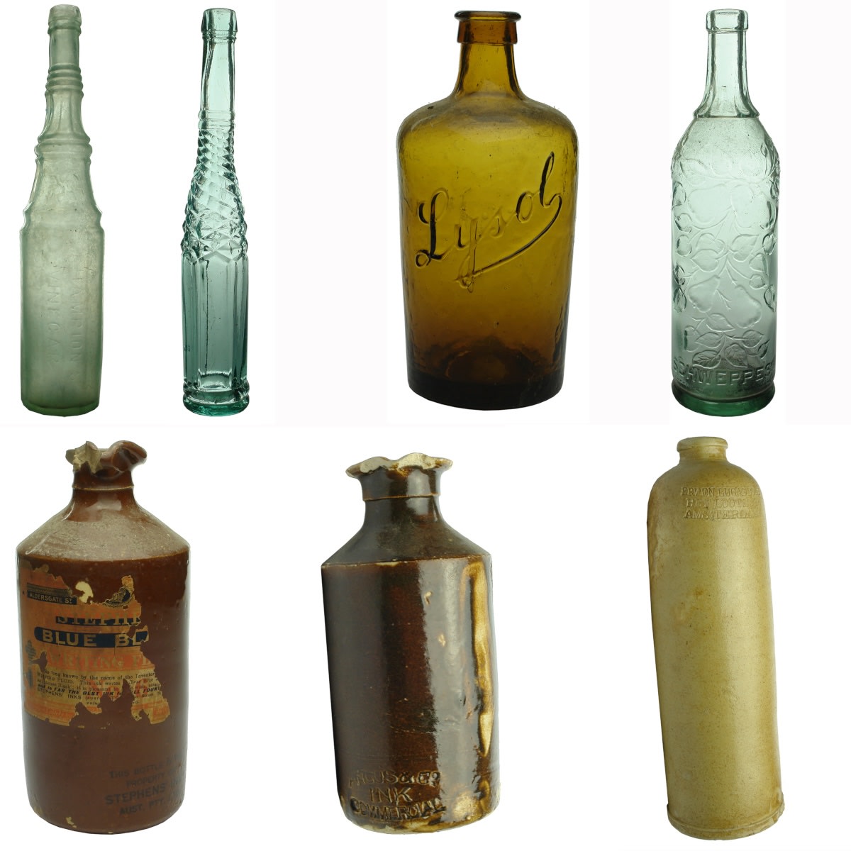 Miscellaneous. 1. Champion's Vinegar. Aqua. 26 oz. 2. Whirley Salad Oil. Aqua. 5 oz. 3. Lysol, Schulke & Mayr, Hamburg. Honey Amber. 4. Schweppes Cordial. Aqua. 26 oz. 5. Partly labelled Stephens Ink with black print as well. Brown Glaze. Medium size. 6. Angus Commercial Ink. Brown Glaze. Small size. 7. Erven Lucas Bols, Amsterdam. Salt glaze gin. (NOT FOR POST)