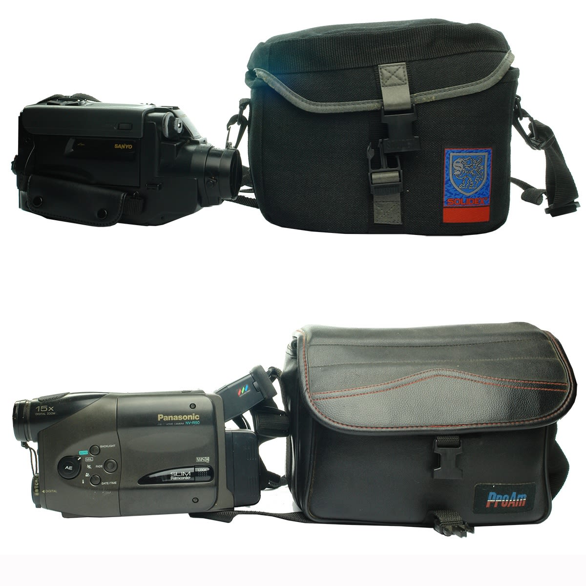 2 Video Cameras, Carry Bags and accessories. Panasonic & Sanyo. Unused film. battery packs and more.