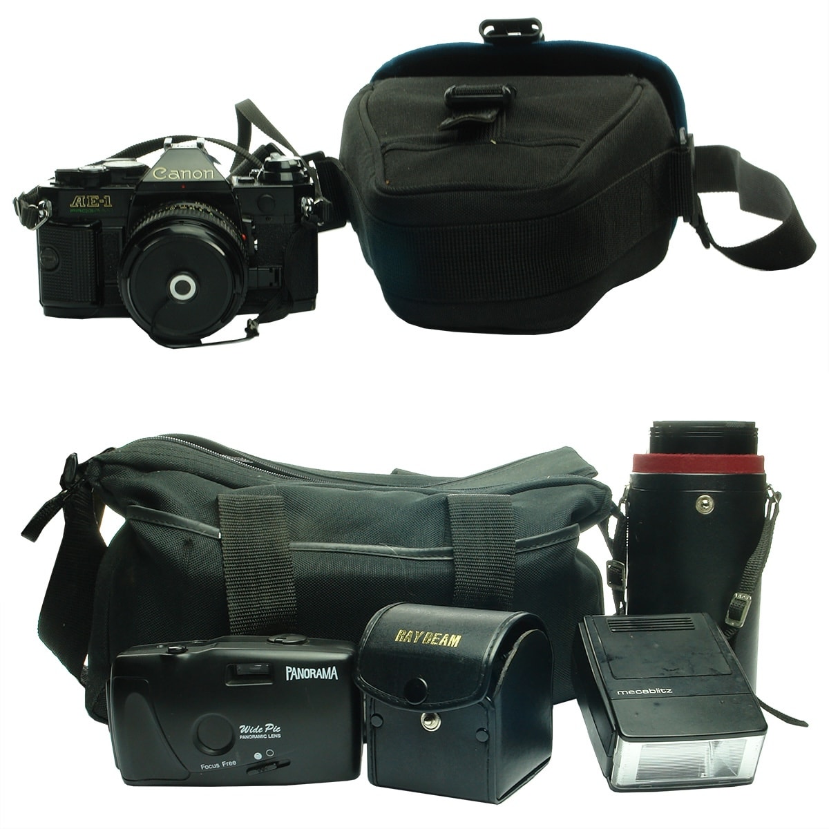 Camera & Lenses etc. Canon AE-1 SLR Camera. Extra Canon Lens. Super Wide lens. Panorama instant camera. Bags. Tripod. Instructions and more.
