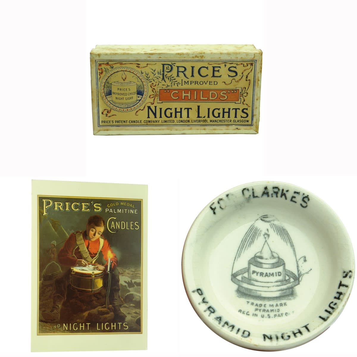 Miscellaneous. Box of Price's Improved "Childs" Night Lights, with a recent advertising post card for Price's Gold Medal Palmitine Candles. ALSO a Clarke's Pyramid Night Lights Tray. (United Kingdom)