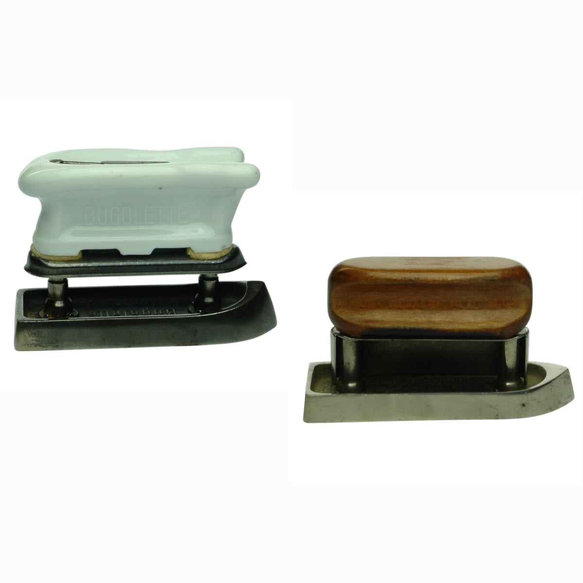 Miscellaneous. Two flat irons: 1. Bugolette with porcelain handle. 2. The Boudoir with wooden handle. (France, United Kingdom)