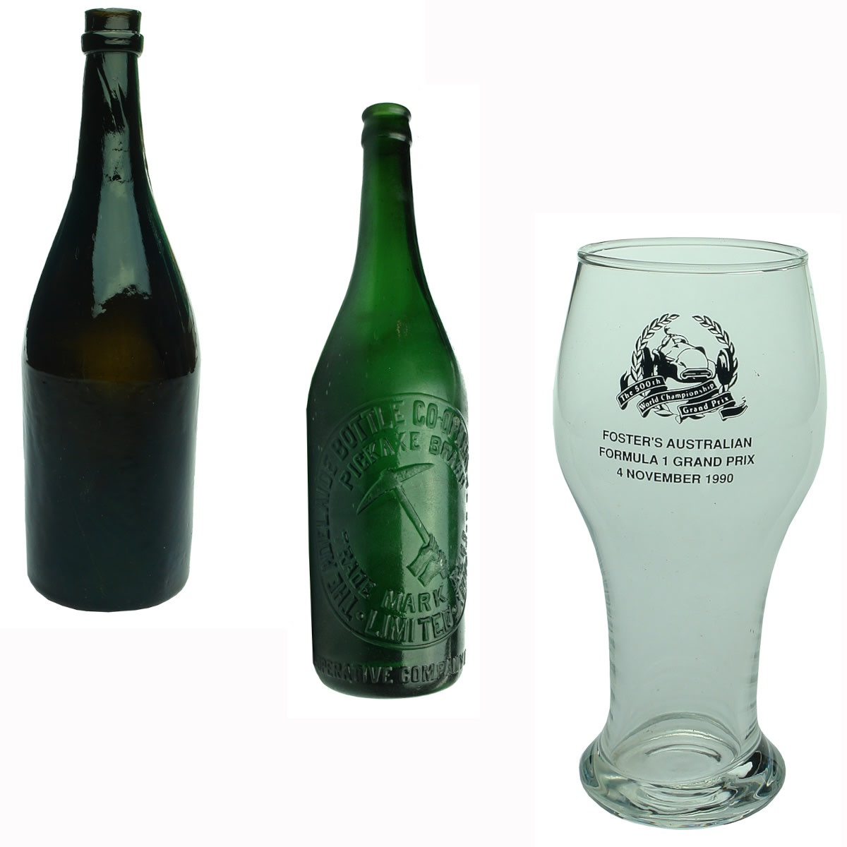 3 Items: Early English Ring Seal Wine, Flared lip; Pickaxe Brand Green Crown Seal Beer; Foster's Australian Formula 1 Grand Prix 1990 beer glass.