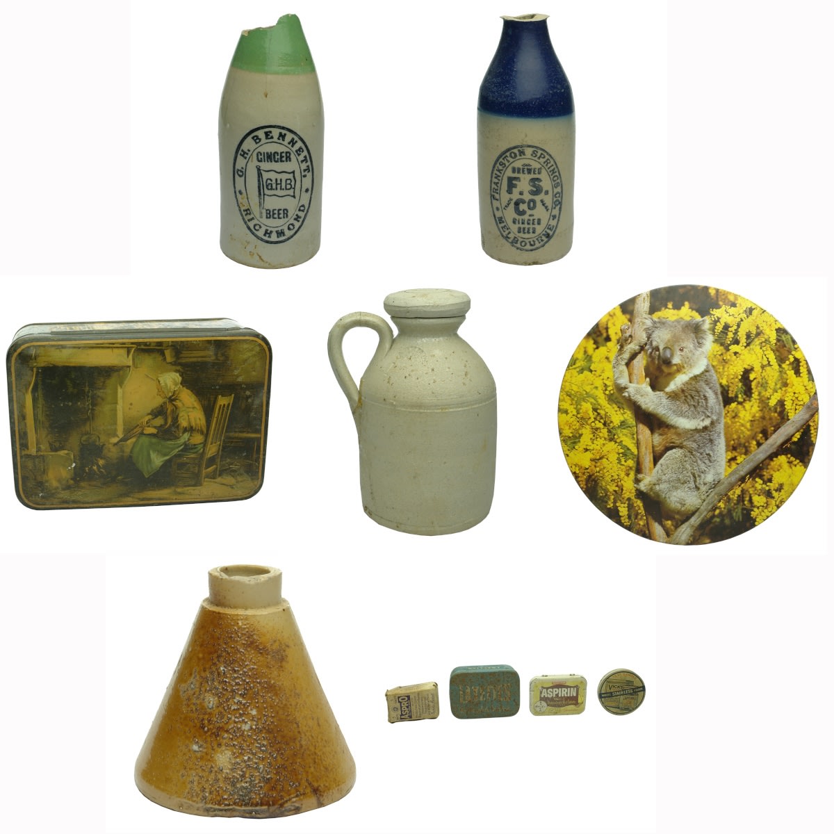 10 items. Stoneware and Tins group! 2 x Ginger Beers; Various tins; Small Fowler Demijohn; Ink.