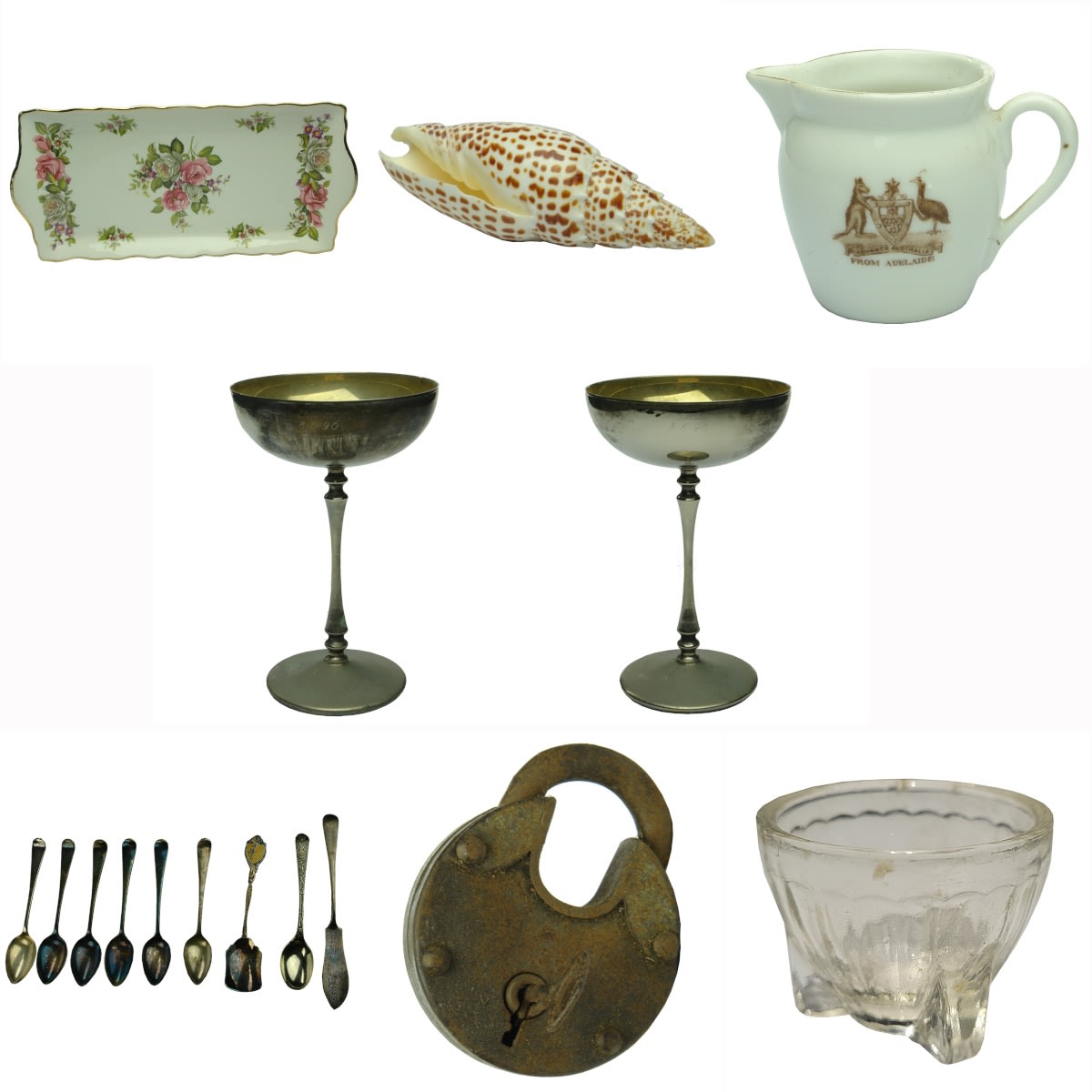 Miscellaneous Items: Old Foley Cake Plate; Mitra Papalis Shell; Cocktail Glasses; Cutlery; Cream Jug; Padlock; Glass Egg Cup.