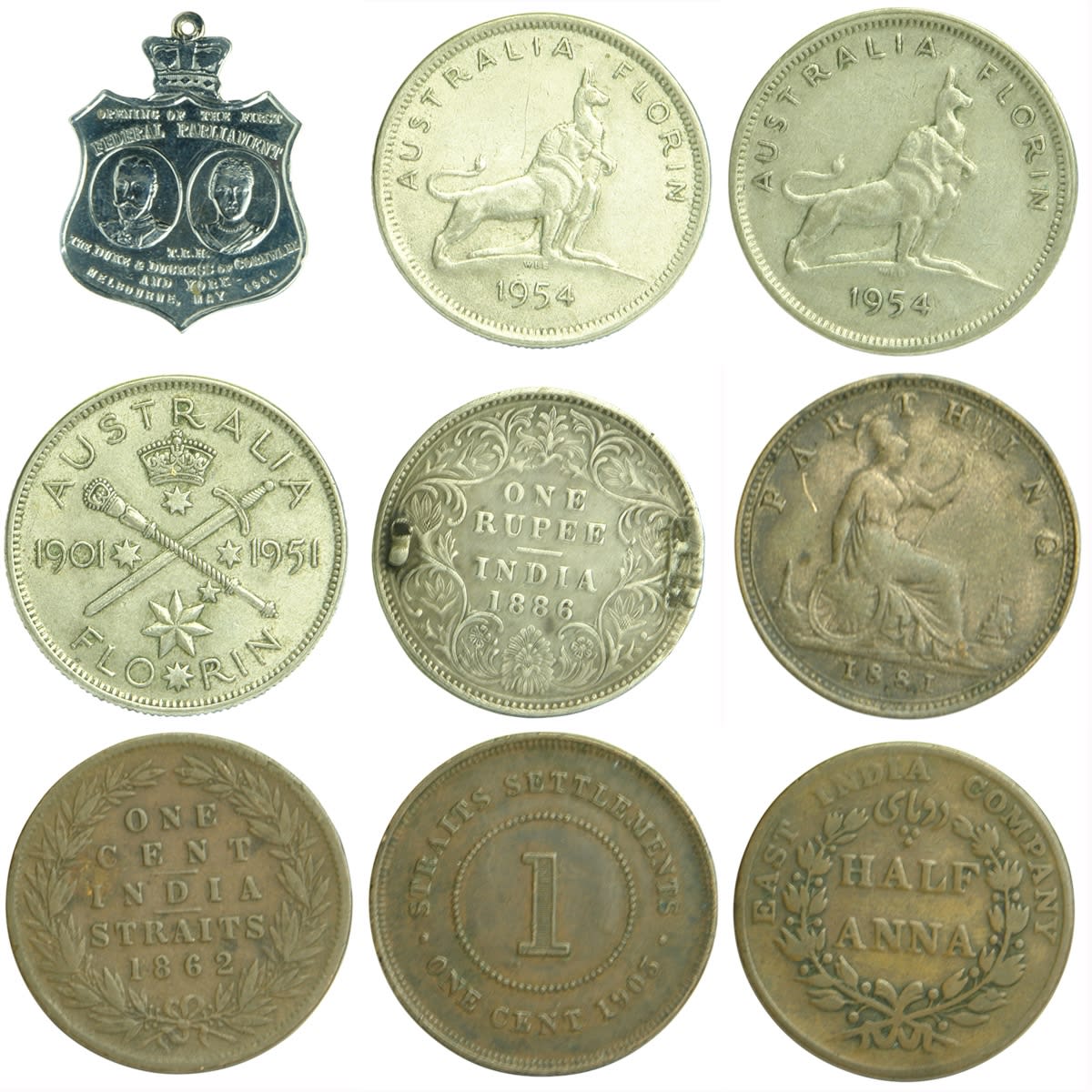 Numismatics. 1901 Opening of Parliament medallion; 2 x 1954 Florin; 1951 Florin; 1886 Rupee; 1881 Farthing; 1862 Straits Settlement 1 Cent; 1903 1 Cent; 1835 East India Company Half Anna.