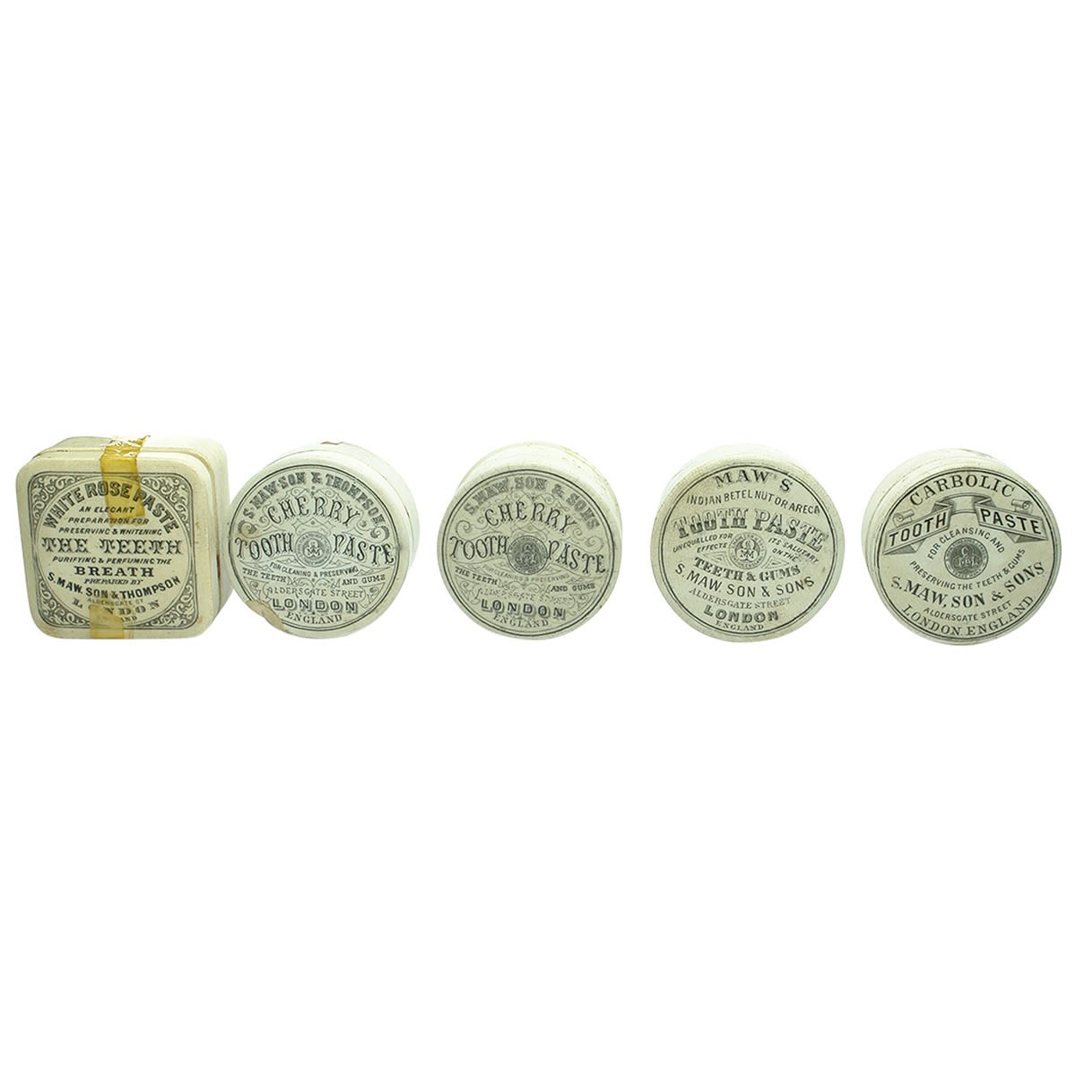 Pot Lids. 5 different Maw lids: 1. S. Maw Son & Thompson, White Rose Paste. Square. 2. S. Maw Son & Thompson, Cherry Tooth Paste. Round. 3. S. Maw Son & Sons, Cherry Tooth Paste. Round. 4. S. Maw Son & Sons, Indian Betel Nut or Areca Tooth Paste. Round. 5. S. Maw Son & Sons, Carbolic Tooth Paste. Round. (United Kingdom)