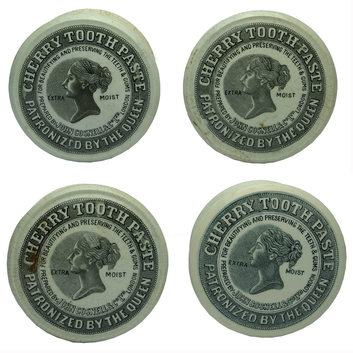 4 Pot Lids. All John Gosnell & Co Ltd London. Black & White Queens Head Pot Lids. Cherry Tooth Paste. All with Bases.
