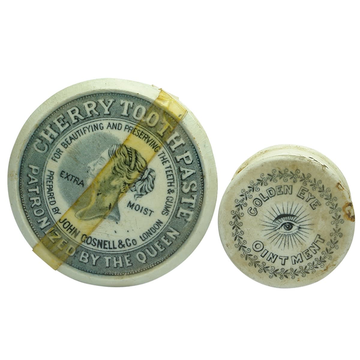 Pot Lids. 1. Black and White John Gosnell & Co, London, Queen's Head. 2. Golden Eye Ointment.