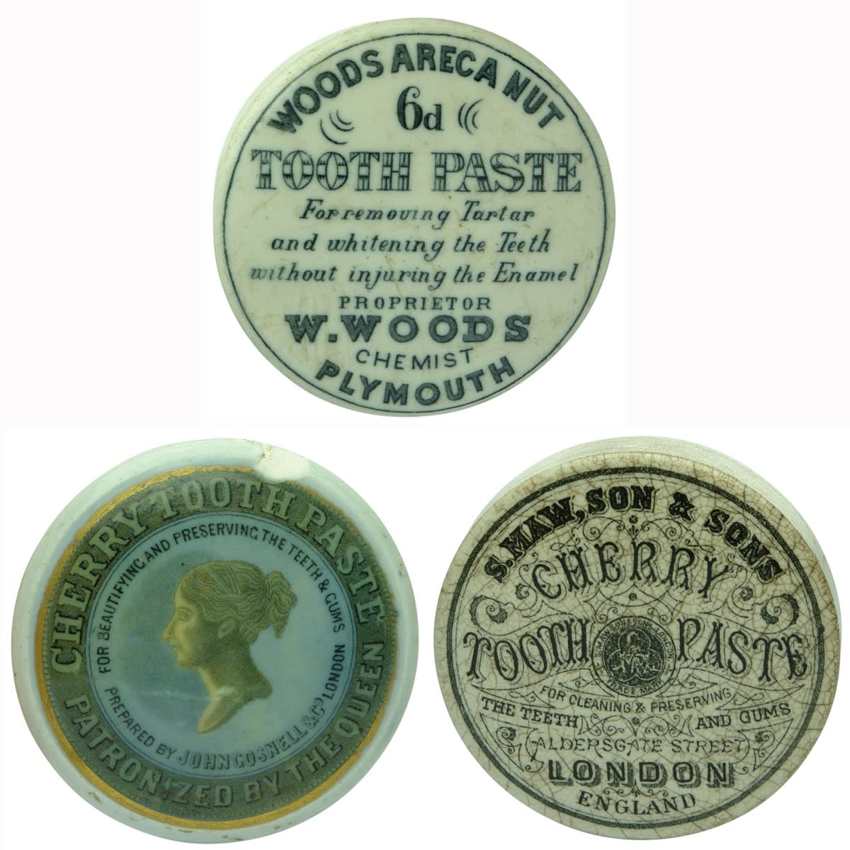 Pot Lids: 1. Woods Areca Nut Tooth Paste, 6d. Plymouth. 2. John Gosnell & Co, London, Cherry Tooth Paste. Queen's Head. 3. S. Maw, Son & Sons Cherry Tooth Paste, London. (United Kingdom)