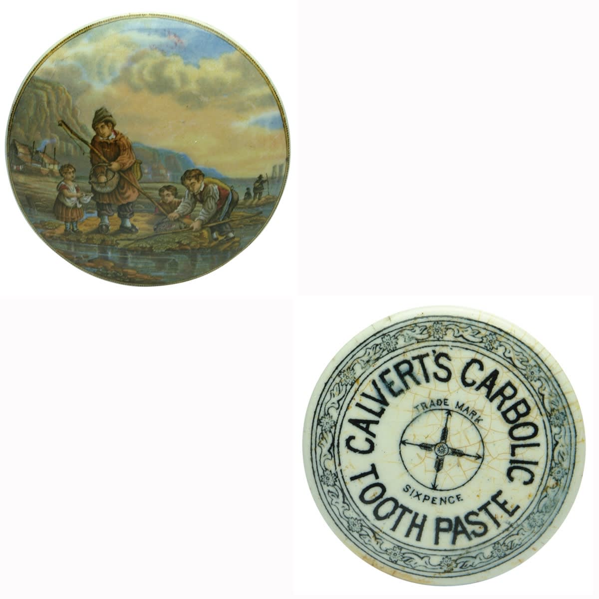 2 Pot Lids: Pratt Lid - The Shrimpers; Calbert's Carbolic Tooth Paste sixpence.