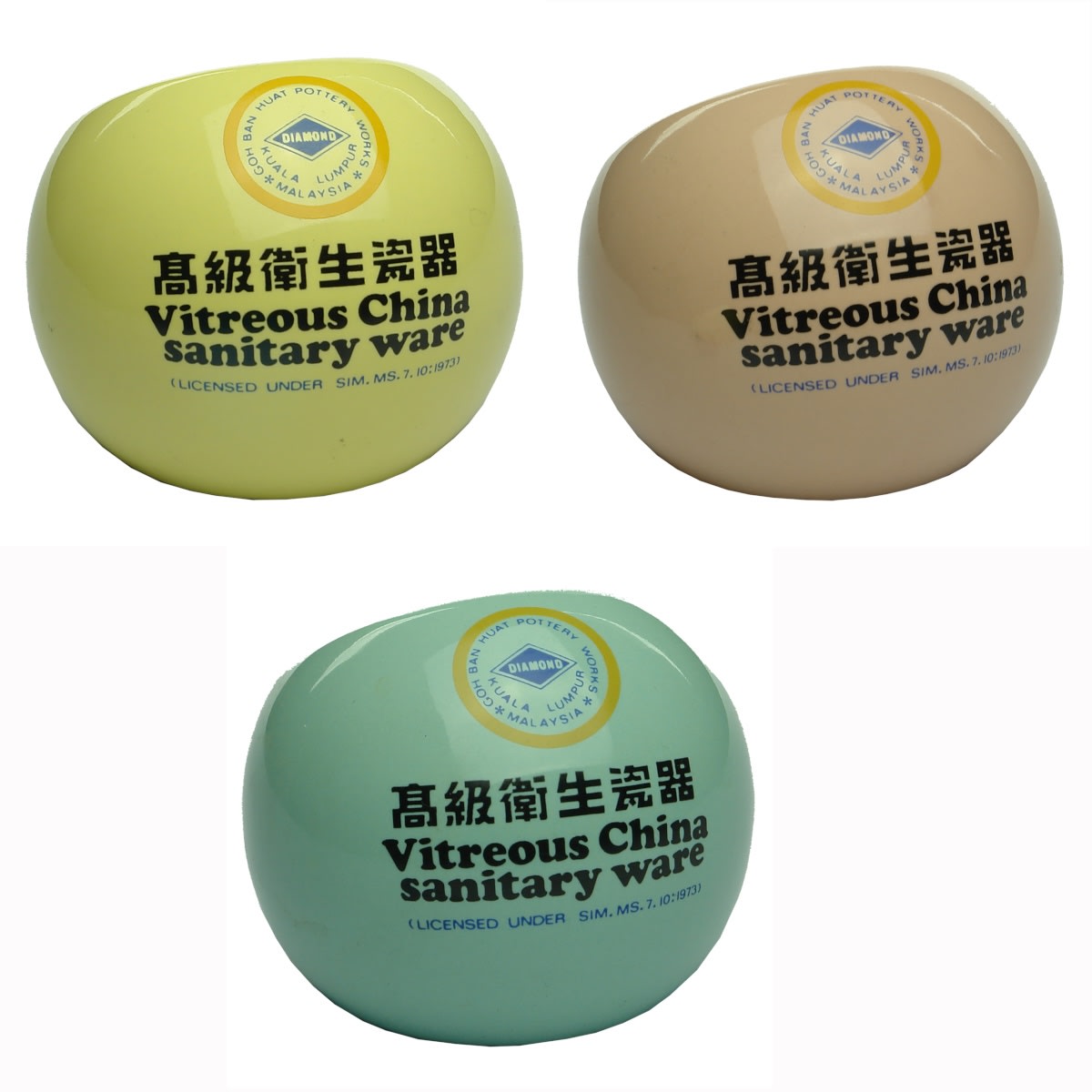 3 Ceramic Ashtrays in different colours: Goh Ban Huat Pottery Works Kuala Lumpur Malaysia. Diamond. Vitreous China Sanitary Ware.