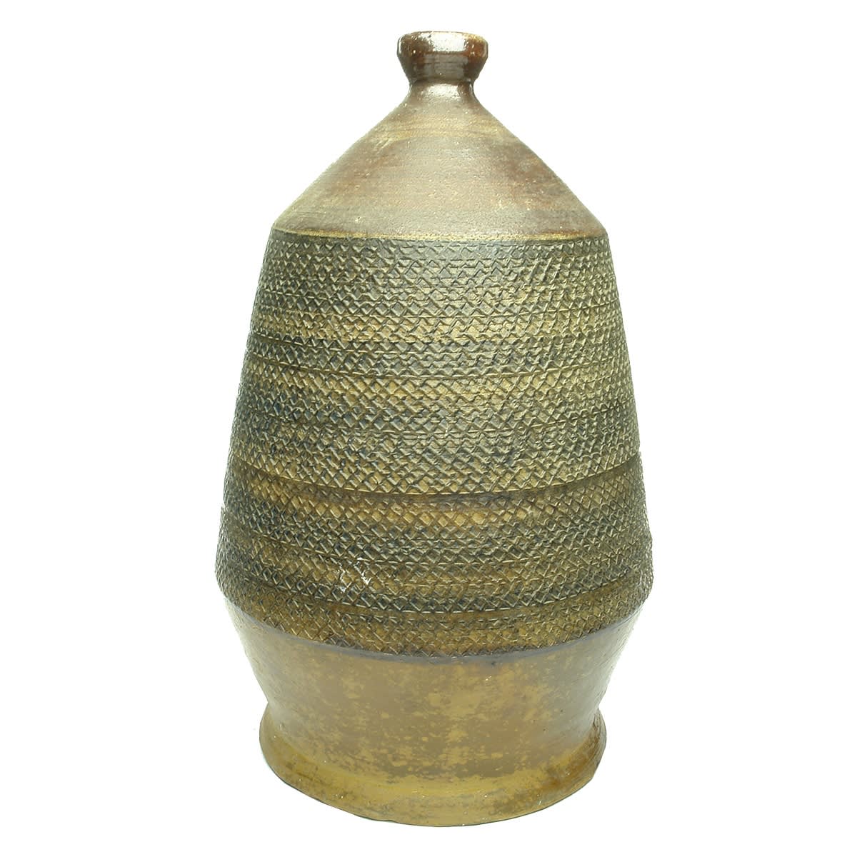 Large Stoneware Lamp Base. Cross pattern over main body. Small opening at the top and near the base. Similar shown Page 389 "Bendigo Pottery" Ken Arnold.