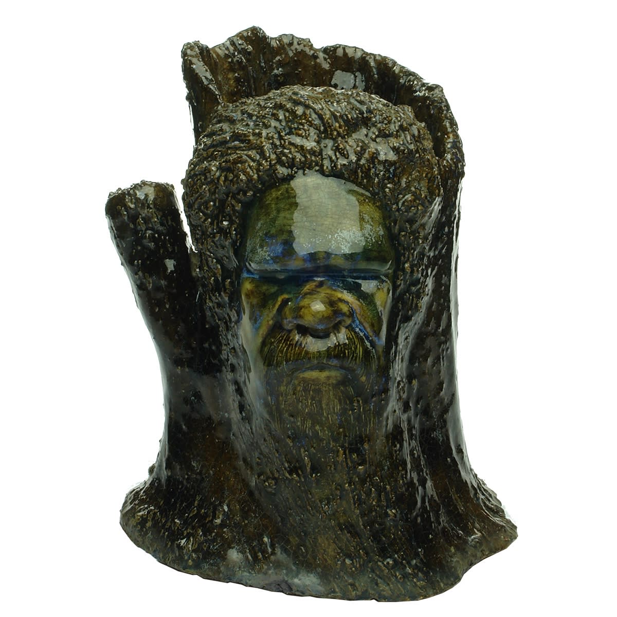 Heavy Pottery Vase. Tree stump with an Aboriginal mans face to one side. William Ricketts like. Base incised Fahey Schulz which is repeated in ink. `