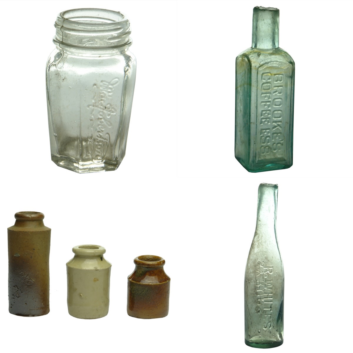 6 Samples: MacRobertson; Brooke's Coffee Essence; 3 x Pottery cylinders; R. White's Syrups.
