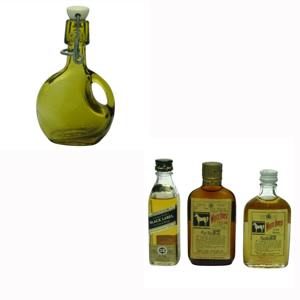 Miniatures: 1. Honey amber lightning stopper handled wine chestnut flask. 40 mL. 2. Johnnie Walker, Black Label. 50 mL. 3. White Horse Cellar, The Old Blend Scotch Whisky. Amber. 1 2/3 oz. 4. White Horse Scotch Whisky. Clear. 1 2/3 oz.