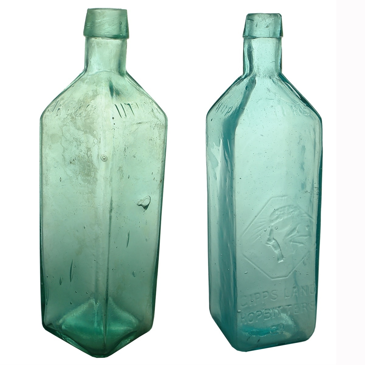 2 Bitters. Utica Hop Bitters, JKB & Co. Aqua. 20 oz. (Blogg, Melbourne, Victoria); Bitters. Gippsland Hop Bitters Co. Blue-Aqua. 20 oz. (Victoria)