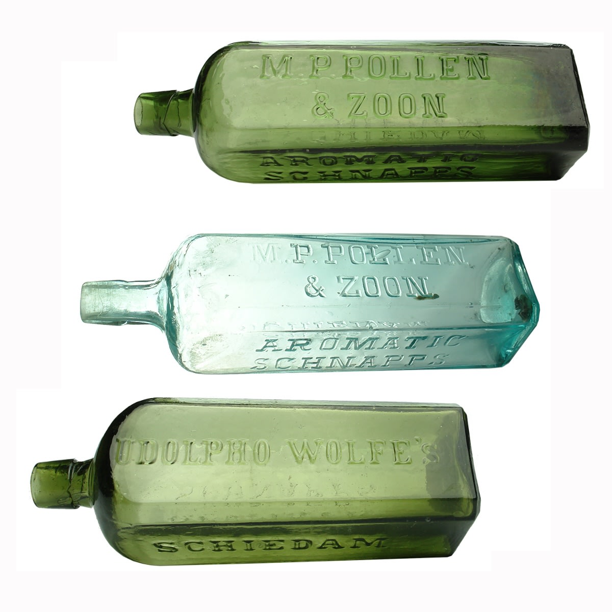 3 Schnapps: Green Applied top M. P. Pollen & Zoon; Aqua spun top Pollen & Zoon; Udolpho Wolfes.