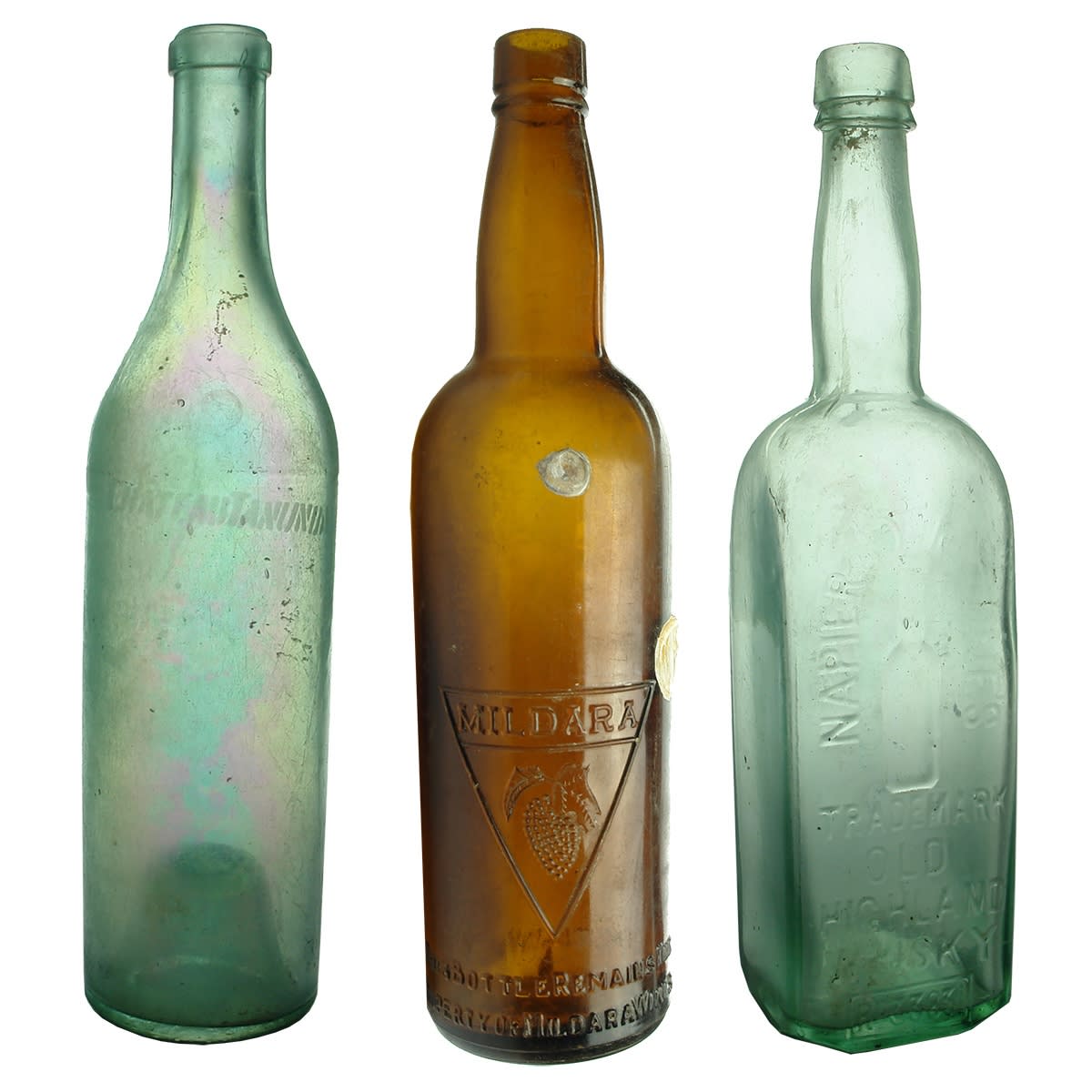 3 Spirits/Wine Bottles: Chateau Tanunda etched brandy; Mildara amber fortified wine; Napier Johnstone whisky.