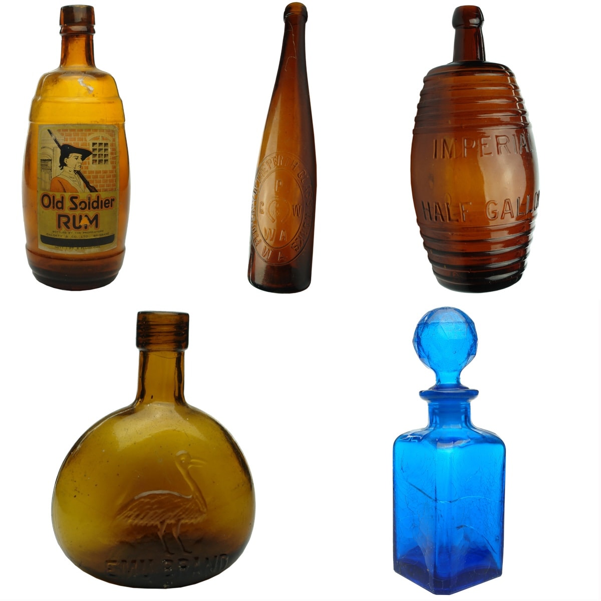 5 Wines & Spirits: Dalgety Rum; Perth Glassworks; Imperial Half Gallon Barrel; Emu Brand; Blue Decanter.