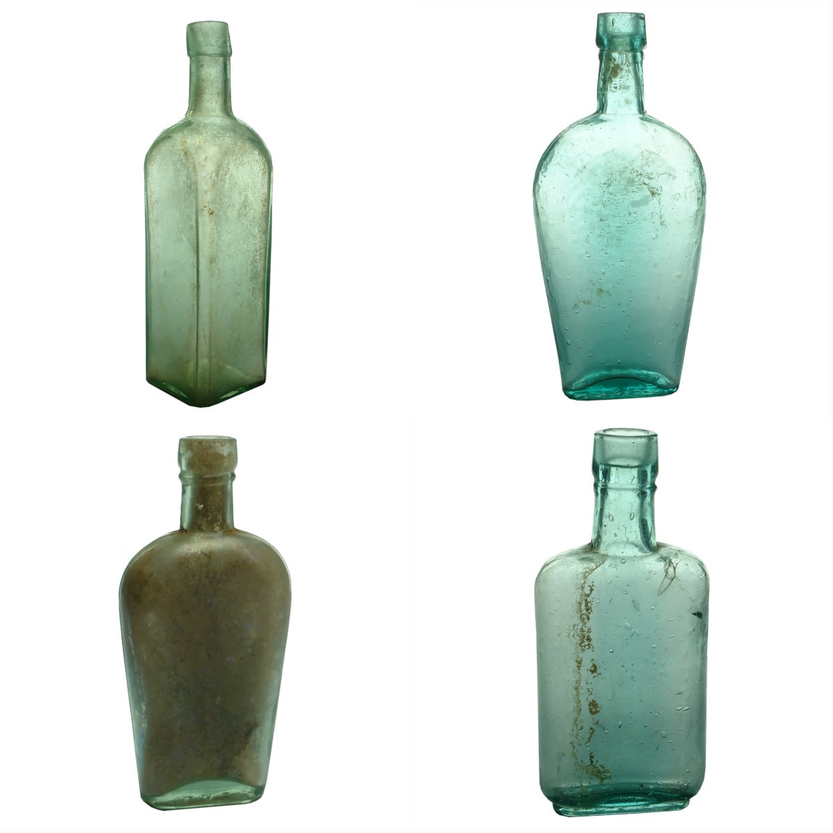 4 Plain bottles all with SA base marks: Large square FBH; Large Coffin flask with H in a circle; Small Coffin flask A between two dots; Small straight sided flask FBH. (South Australia)