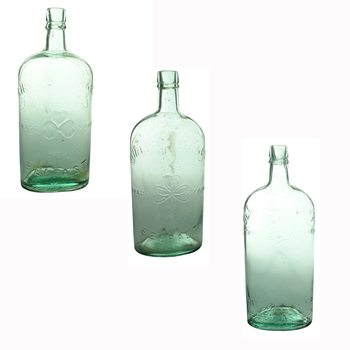 3 Quart Whiskies: 2 variations of Kirker Greer & Co Belfast; Mitchell & Co of Belfast Ltd Old Irish Whisky.