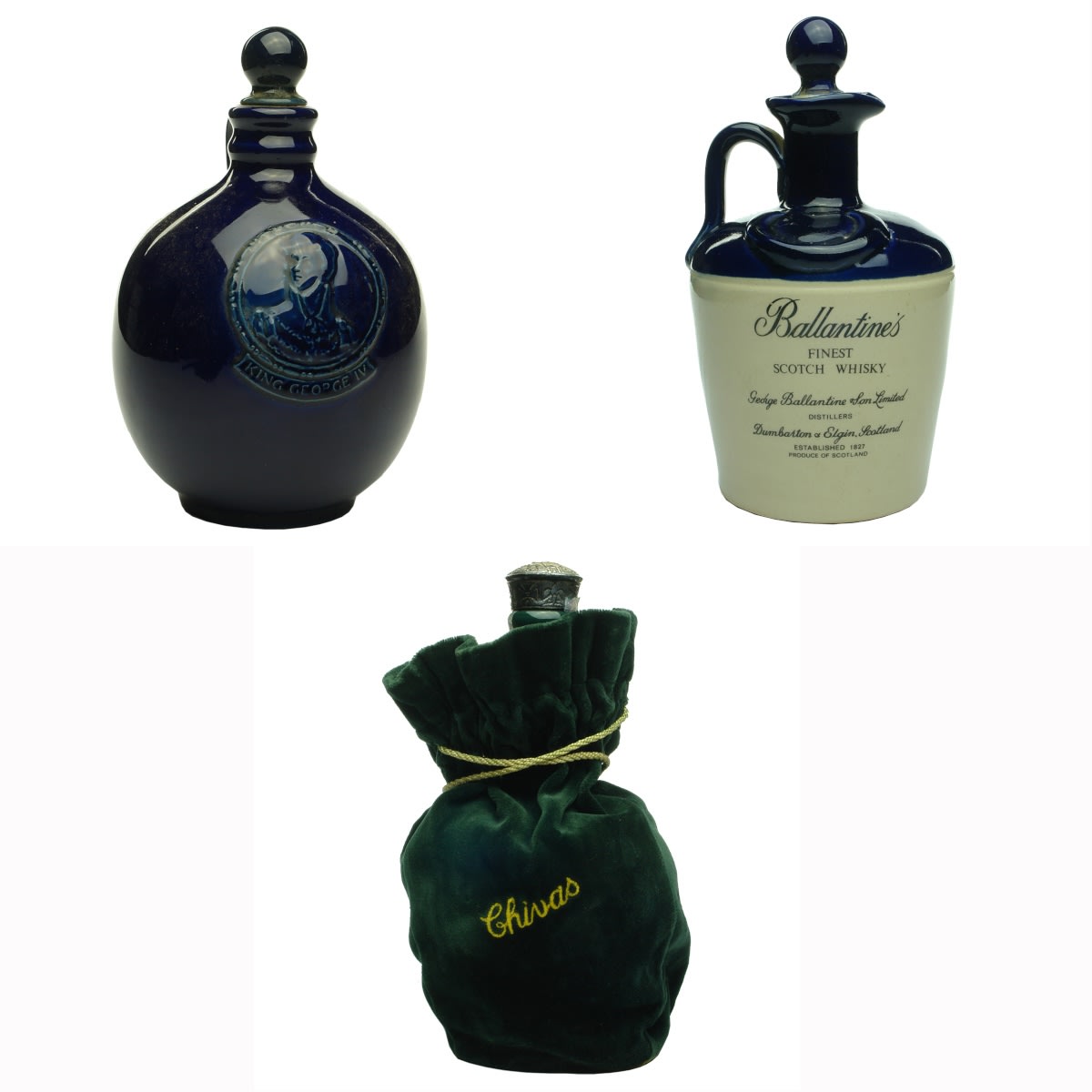 3 later Whisky Jugs: Round blue King George IV; Ballantines Finest Scotch Whisky; Chivas Regal in cloth bag.