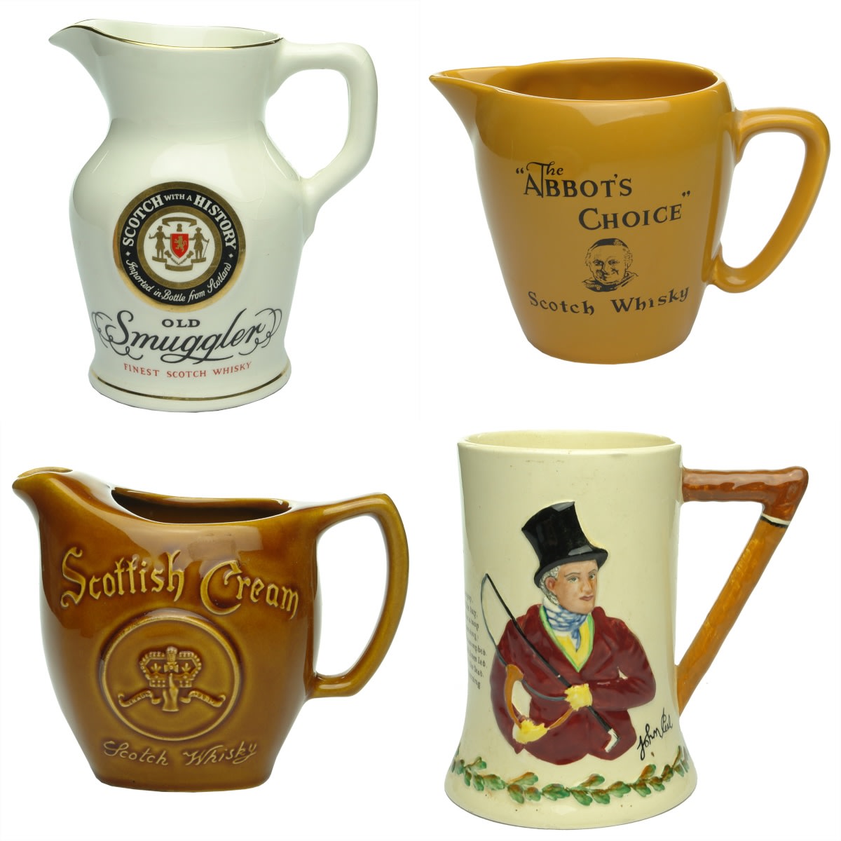 4 Items: Old Smuggler; Abbot's Choice; Scottish Cream whisky water jugs and John Peel decorative mug.