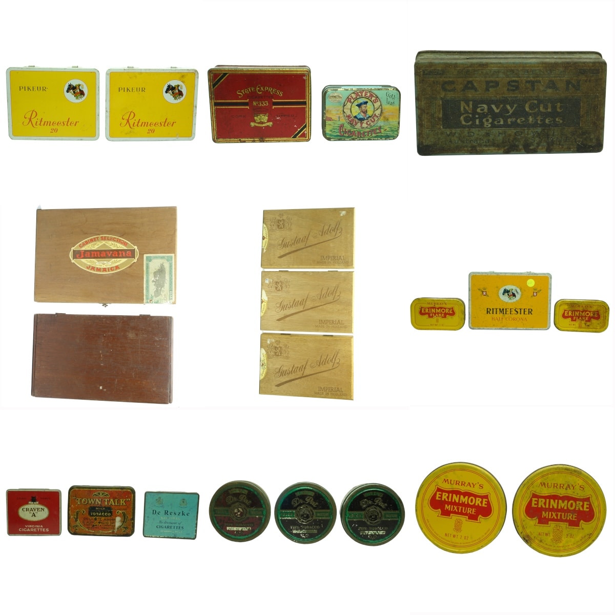 21 Tobacco, Cigar & Cigarette Tins & Boxes. Town Talk; Erinmore; Dr Pats; State Express; Ritmeester; Players; etc.