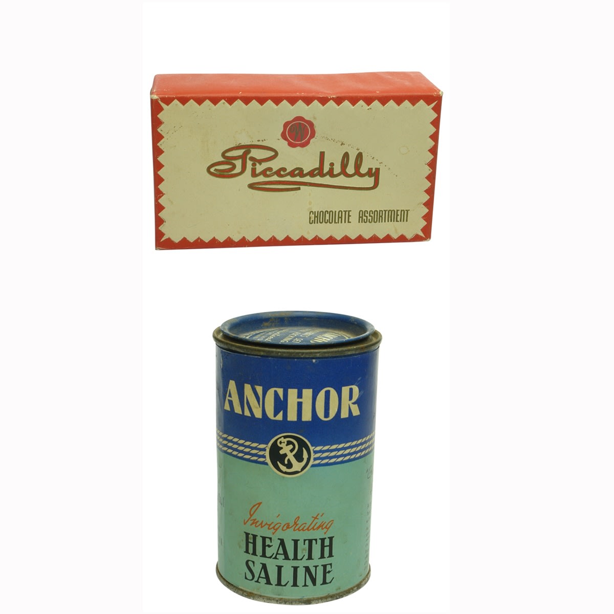 2 Items: Cardboard Box. Piccadilly Chocolate Assortment, Waltons Limited, Adelaide. 1/2 Pound; Tin. Anchor Health Saline, G. Wood, Son & Co. Ltd., Adelaide, Perth, Broken Hill. 14 oz.