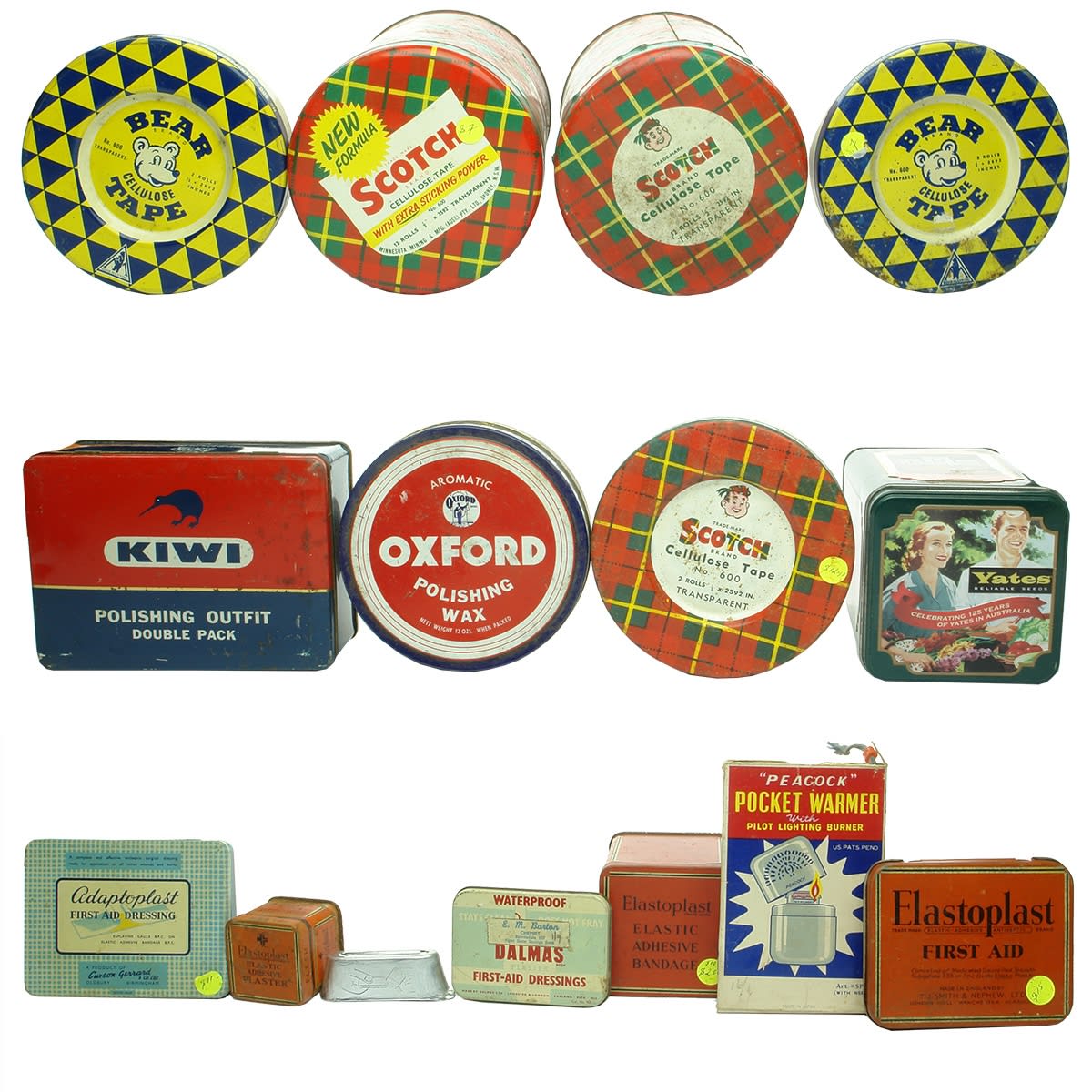 14 Tins etc. Scotch Tape; Bear Tape; Yates Seeds; Elastoplast; Oxford Polish; Peacock Pocket Warmer; Kiwi Polish and more!