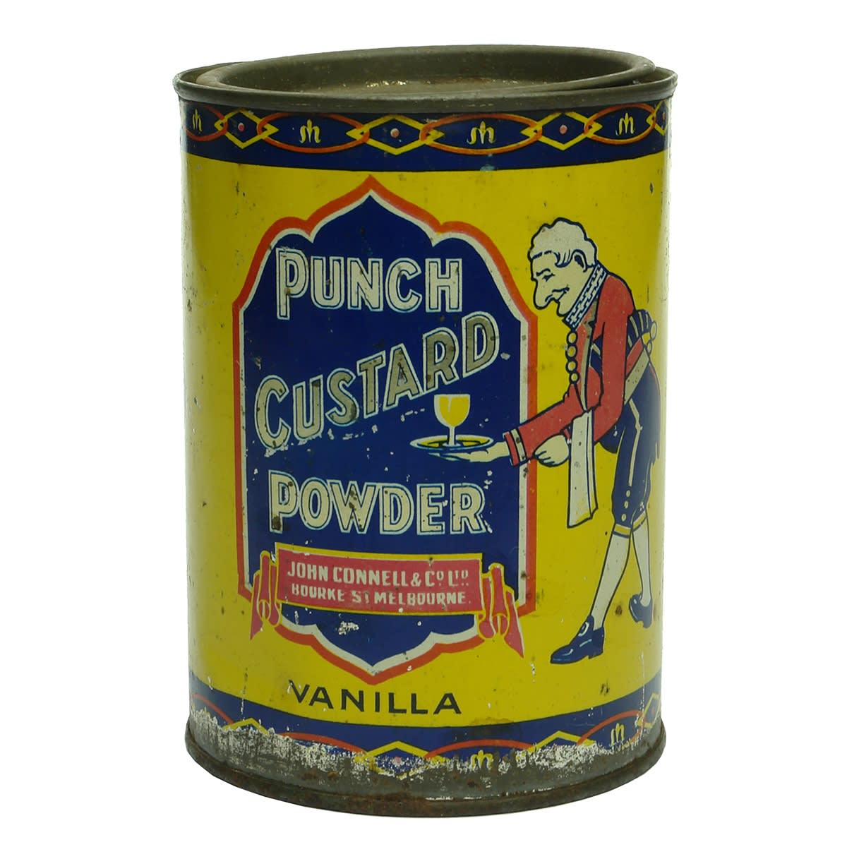 Tin. Punch Custard Powder. John Connell & Co Ltd Bourke St., Melbourne. Vanilla.