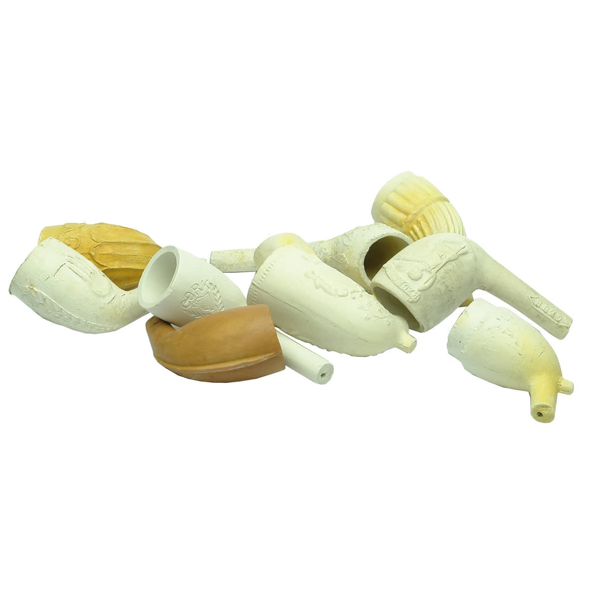 10 Clay Pipe Bowls. Harps; Heart & Hand; Excelsior Man with banner and more.