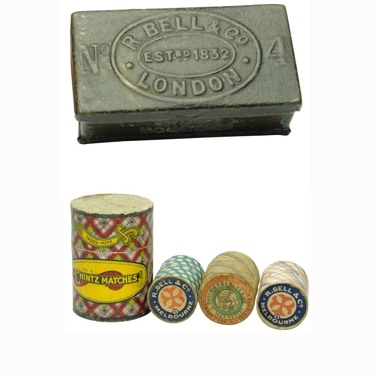 Tobacciana. 1. Empty pressed tin for R. Bell & Co, London, No 4 Matches. 2. Full cardboard box and striker for Chintz Matches. 3. Full cardboard box and striker for R. Bell & Co., Melbourne. 4. Box for L. Baschiera & Cim Venice, Wax Vestas - no matches inside but dow have copper caps inside. 5. Full cardboard box and striker for R. Bell & Co., Melbourne. (NOT FOR POST)