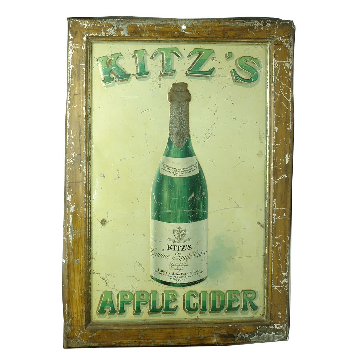 Pressed Tin Sign. Kitz's Apple Cider. Image of a labelled bottle of cider. L. Kitz & Sons Pty Ltd Central Cellars 460 Little Collins St Melbourne. (Victoria)