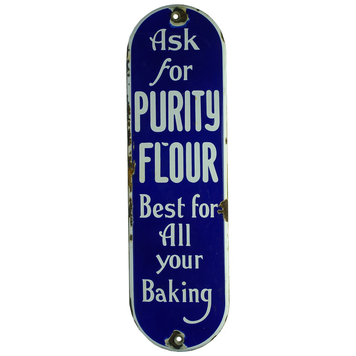 Sign. Ask for Purity Flour. Blue and white enamel. 355 mm high. (Canada)