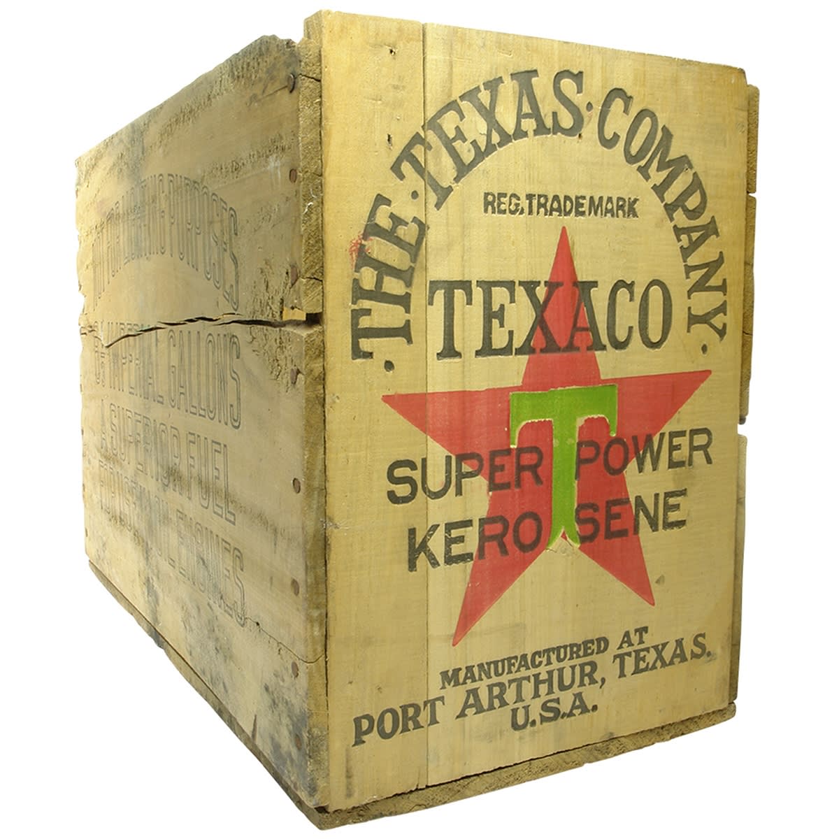 Garagenalia. Texaco Super Power Kerosene Wooden Box, Port Arthur, Texas, U. S. A. (United States)