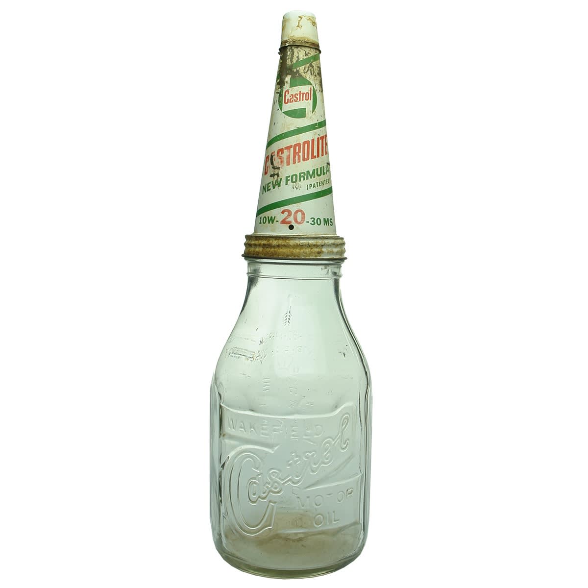 Oil Bottle & Tin Pourer. Wakefield Castrol Motor Oil. Castrolite New Formula top. Quart.