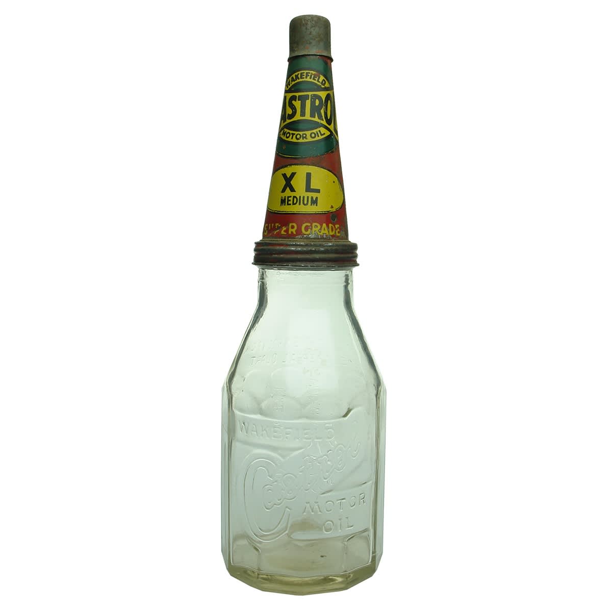 Oil Bottle & Tin Pourer. Wakefield Castrol Motor Oil. XL Medium Super Grade pourer. Quart.