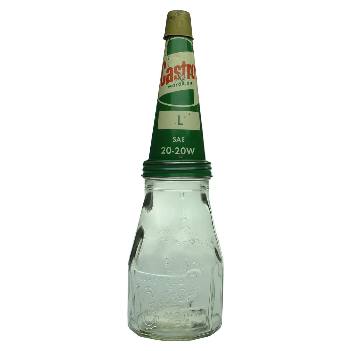 Oil Bottle & Tin Pourer. Wakefield Castrol Motor Oil. Tin Top Castrol L SAE 20-20W.