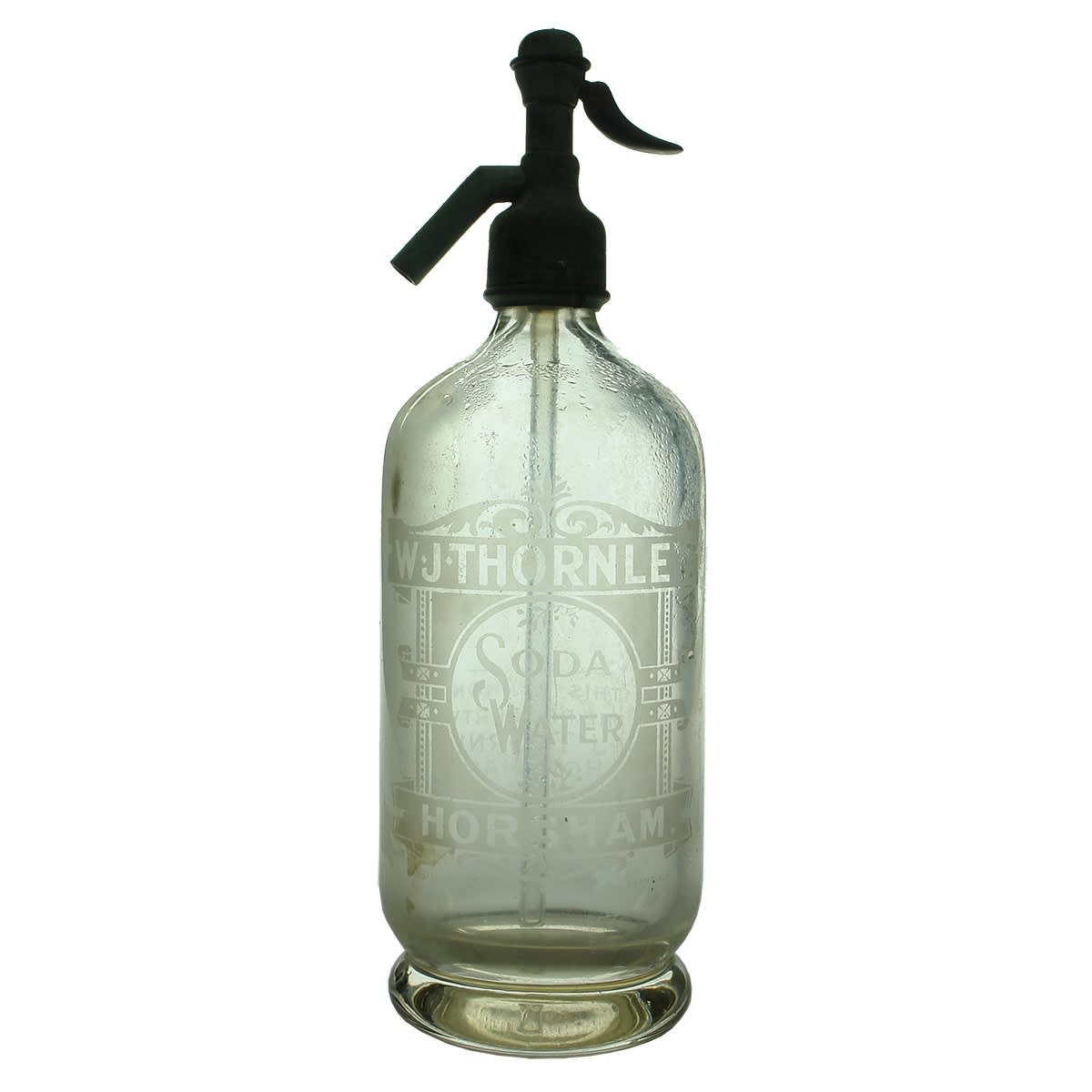 Soda Syphon. W. J. Thornley, Horsham. Round type. Clear. 30 oz. Thornley metal spout. (Victoria)