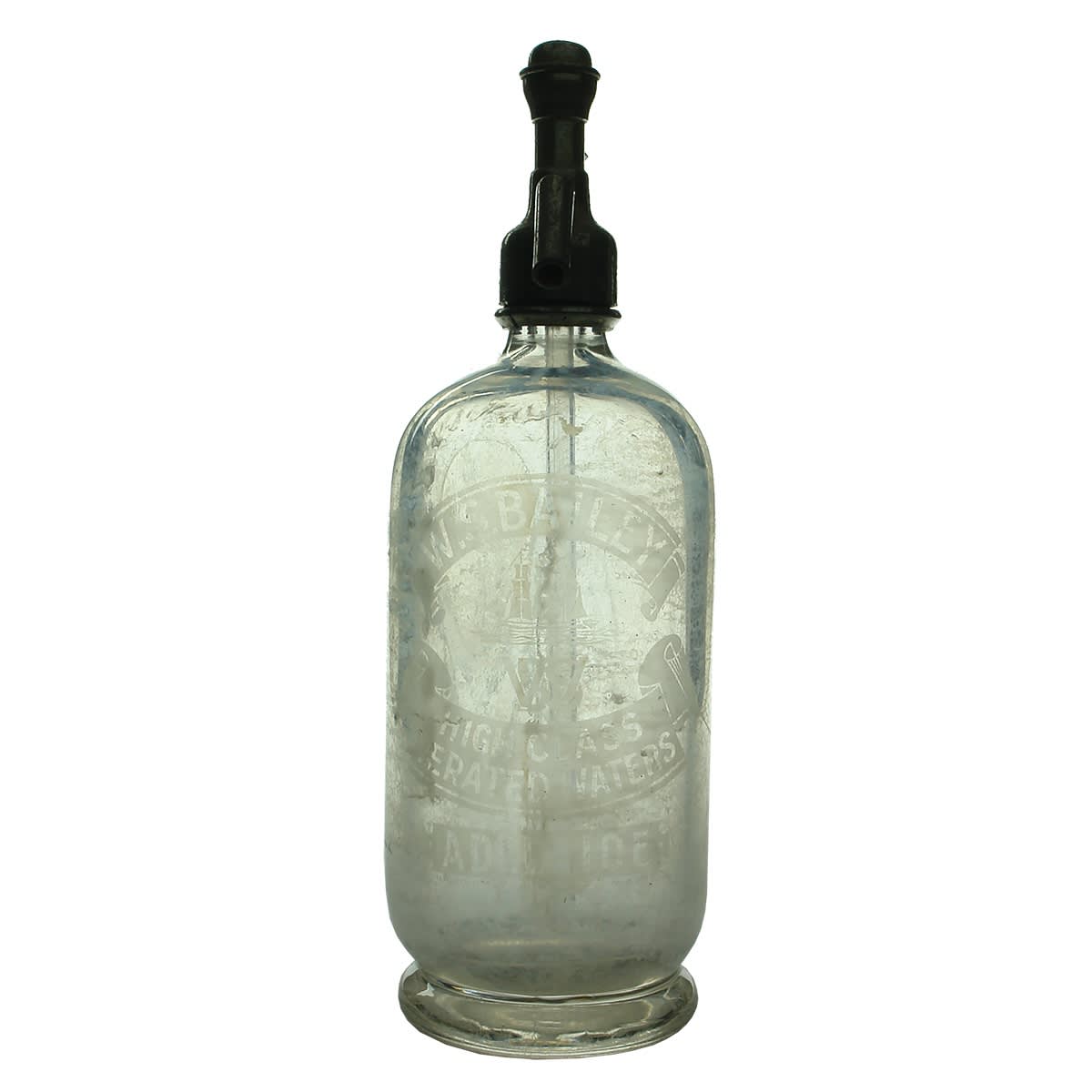 Soda Syphon. W. S. Bailey High Class Aerated Waters Adelaide. Sailing Ship and Monogram. W. S. Bailey Gilbert St spout. Clear. 30 oz. (South Australia)