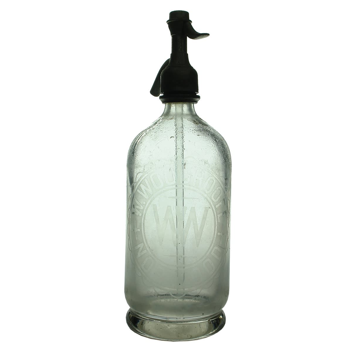 Soda Syphon. W. Woodroofe, Norwood. WW Monogram trade mark.  Made in France. Round. 30 oz. (South Australia)