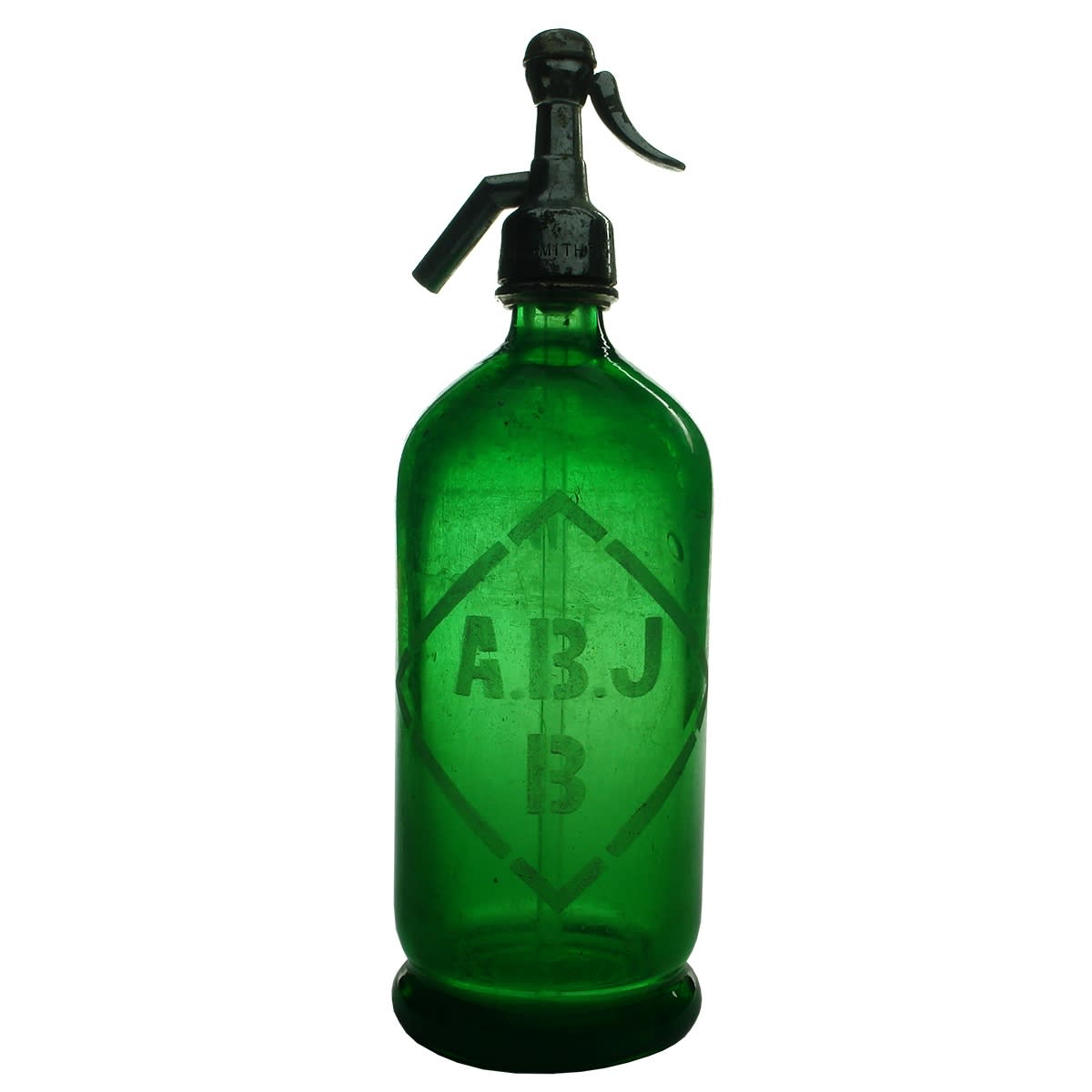 Soda Syphon. A. B. James, Bathurst. A. B. J, B. Initials in a Diamond. Heavily etched. Green. 30 oz. (New South Wales)